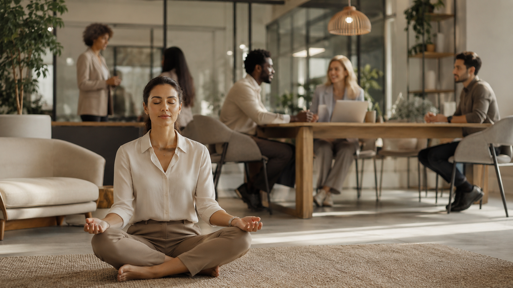 Profesional practicando mindfulness en un entorno de oficina moderno
