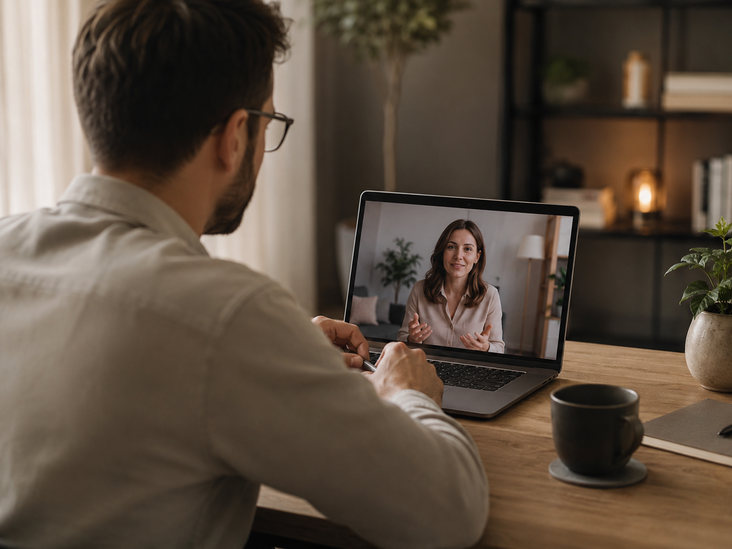 Empleado en videollamada con un profesional de bienestar